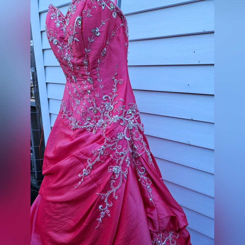 Watermelon Pink Embellished Strapless Gown - Picture 4 of 16